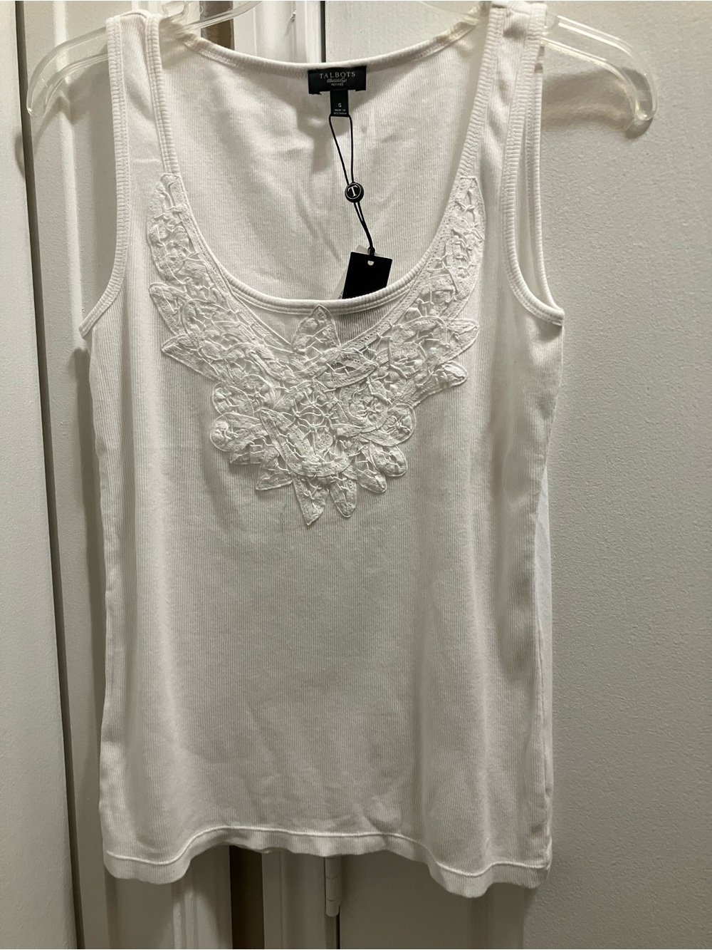 Talbots White Scoop Neck Tank with Embroidered Bib